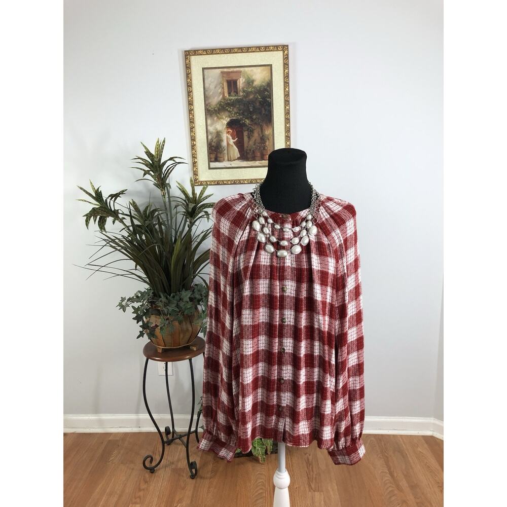 Women Top XL Plaid Long Balloon Sleeve Front Round Neck Y2K Dark Academia